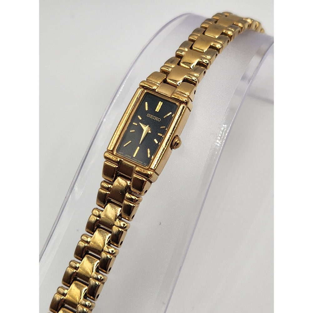 Seiko Watch Womens 5.5 Gold Tone Black Dial Rectangular V220-0AB0 Link Bracelet